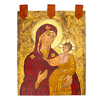 Canvas and leather wall hanging, 'Madonna and Child' - Painted Canvas Wall Hanging of the Virgin Mary and Jesus