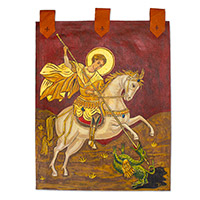 Canvas and leather wall hanging, 'Saint George and the Dragon' - Hand-Painted Canvas Wall Hanging of Saint George