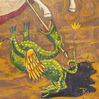 Canvas and leather wall hanging, 'Saint George and the Dragon' - Hand-Painted Canvas Wall Hanging of Saint George