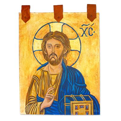 Canvas and leather wall hanging, 'Pantocrator' - Hand-Painted Canvas Wall Hanging of Christ Pantocrator