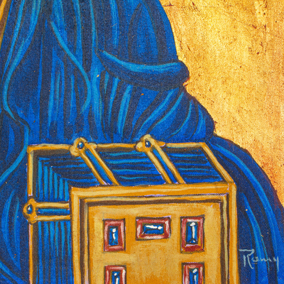 Wandbehang aus Leinwand und Leder - Handbemalter Leinwand-Wandbehang von Christus Pantokrator