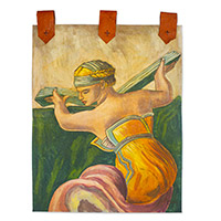 Wandbehang aus Leinwand und Leder, „Neue Sibylle“ – handbemalter Leinwand-Wandbehang mit libyschem Sibyllenporträt