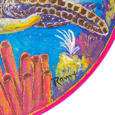 'Swimming Sea Turtles' - Pintura acrílica de tortugas marinas con marco de aro de bordado