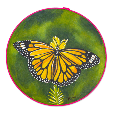 'Bewitching Butterfly' - Pintura acrílica de mariposa con marco de aro de bordado