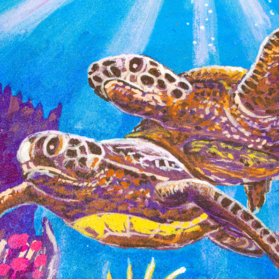 'Two Sea Turtles' - Sea Turtle Acrylic Painting with Embroidery Hoop Frame
