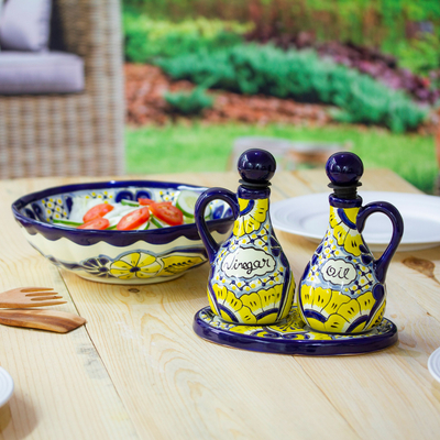 Ceramic cruet set, 'Sunny Salad' (3 pieces) - Talavera Floral Ceramic Oil and Vinegar Bottles (3 Pieces)