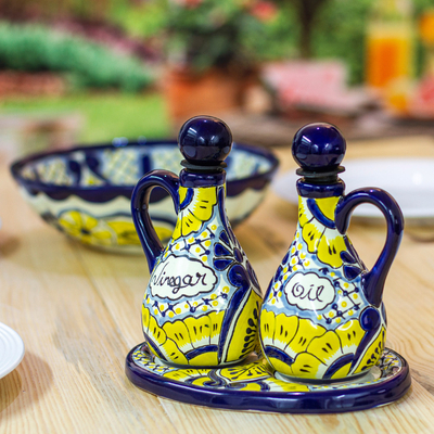 Ceramic cruet set, 'Yellow Blooms' (3 pieces) - Talavera Floral Ceramic Oil and Vinegar Bottles (3 Pieces)