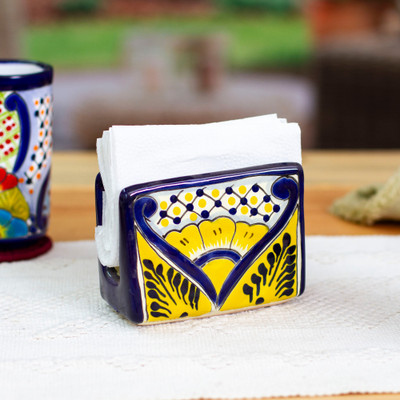 Ceramic napkin holder, 'Yellow Blooms' - Hand-Painted Talavera Blue and Yellow Ceramic Napkin Holder