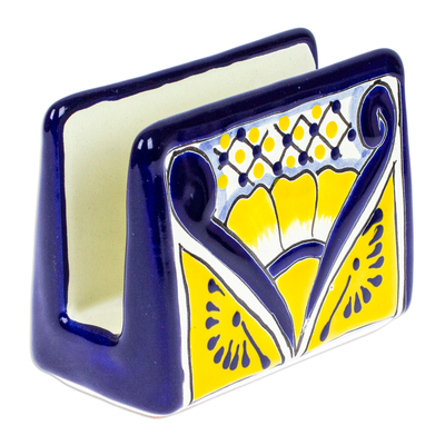 Servilletero de cerámica - Servilletero de cerámica azul y amarillo de Talavera pintado a mano