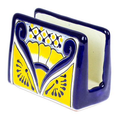 Ceramic napkin holder, 'Yellow Blooms' - Hand-Painted Talavera Blue and Yellow Ceramic Napkin Holder