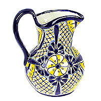Ceramic pitcher, 'Yellow Blooms' - Painted Talavera Style Ceramic Pitcher in Blue and Yellow