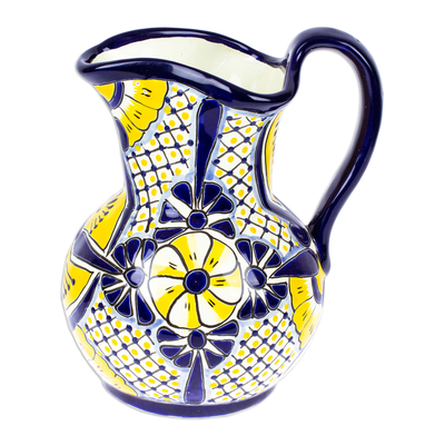 Jarra de cerámica - Jarra de Cerámica Estilo Talavera Pintada en Azul y Amarillo
