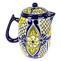 Ceramic coffee pot, 'Yellow Blooms' - Talavera Style Blue and Yellow Ceramic Coffee Pot