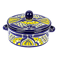 Ceramic tortilla warmer, 'Yellow Blooms' - Mexican Talavera Style Ceramic Tortilla Warmer with Lid