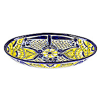 Ceramic platter, 'Yellow Blooms' - Mexican Talavera Style Ceramic Platter with Yellow Flowers