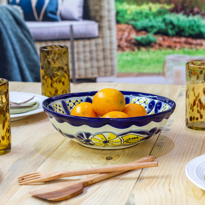 Ceramic salad bowl, 'Yellow Blooms' - Mexican Talavera Style Ceramic Salad Bowl with Flowers