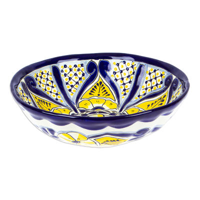 Ceramic salad bowl, 'Yellow Blooms' - Mexican Talavera Style Ceramic Salad Bowl with Flowers