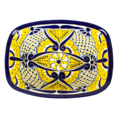 Ceramic serving bowl, 'Yellow Blooms' - Mexican Talavera Style Ceramic Serving Bowl with Flowers