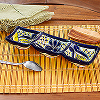 Ceramic triple condiment dish, 'Yellow Blooms' - Talavera Blue and Yellow Ceramic Triple Condiment Dish