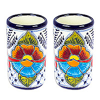 Ceramic tumblers, 'Marvelous Flowers' (pair) - Pair of Talavera Painted Ceramic Tumblers in Warm Hues