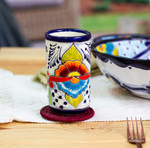 Ceramic tumblers, 'Marvelous Flowers' (pair) - Pair of Talavera Painted Ceramic Tumblers in Warm Hues
