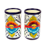 Ceramic tumblers, 'Marvelous Flowers' (pair) - Pair of Talavera Painted Ceramic Tumblers in Warm Hues
