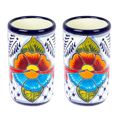 Ceramic tumblers, 'Marvelous Flowers' (pair) - Pair of Talavera Painted Ceramic Tumblers in Warm Hues