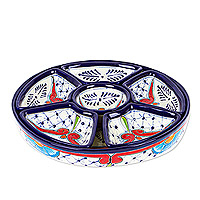 Ceramic appetizer bowls, 'Marvelous Flowers' (7 pieces) - Talavera Blue and Red Ceramic Appetizer Bowl Set (7 Pieces)