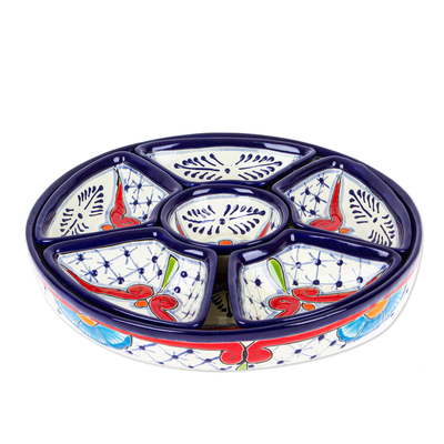 Cuencos de aperitivo de cerámica, (7 piezas) - Set de Cuencos de Aperitivo de Cerámica Azul y Rojo de Talavera (7 Piezas)