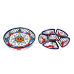 Ceramic appetizer bowls, 'Marvelous Flowers' (7 pieces) - Talavera Blue and Red Ceramic Appetizer Bowl Set (7 Pieces)