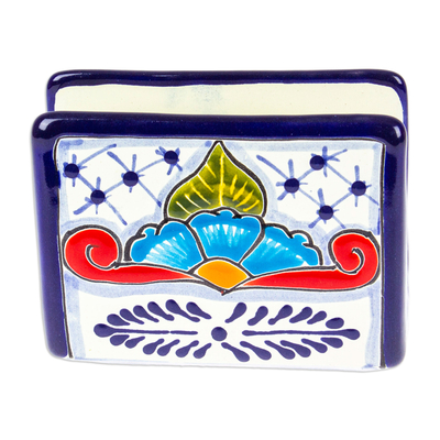 Ceramic napkin holder, 'Marvelous Flowers' - Hand-Painted Talavera Blue and Red Ceramic Napkin Holder