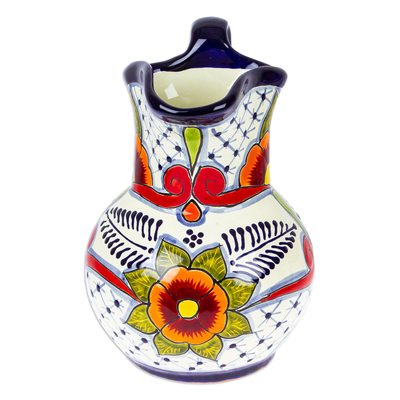 Ceramic pitcher, 'Marvelous Flowers' - Painted Talavera Style Ceramic Pitcher in Blue and Red