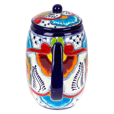 Keramik-Kaffeekanne, 'Marvelous Flowers' (Wunderbare Blumen) - Talavera Stil Blau und Rot Keramik Kaffeekanne aus Mexiko
