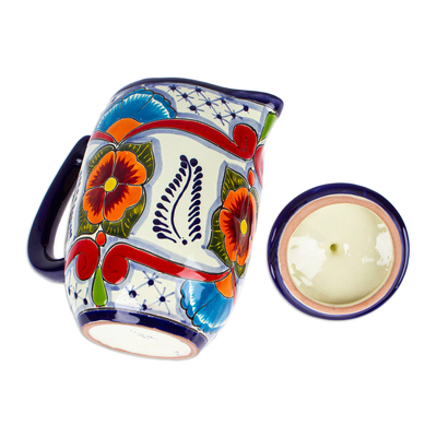 Ceramic coffee pot, 'Marvelous Flowers' - Talavera Style Blue and Red Ceramic Coffee Pot from Mexico