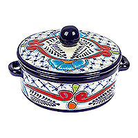 Ceramic tortilla warmer, 'Marvelous Flowers' - Mexican Talavera Style Blue and Red Ceramic Tortilla Warmer