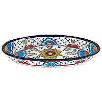 Ceramic platter, 'Marvelous Flowers' - Mexican Talavera Style Ceramic Platter with Red Details