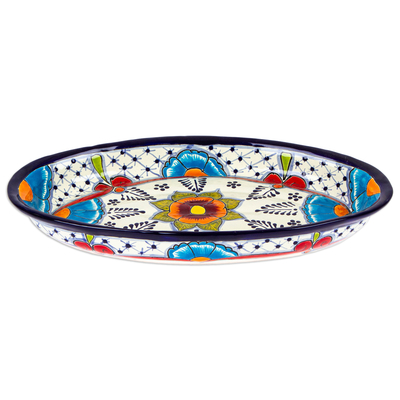 Ceramic platter, 'Marvelous Flowers' - Mexican Talavera Style Ceramic Platter with Red Details