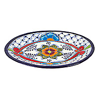 Ceramic serving plate, 'Marvelous Flowers' - Mexican Talavera Style Ceramic Serving Plate in Blue and Red