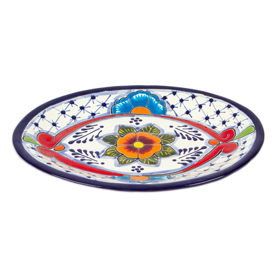 Ceramic serving plate, 'Marvelous Flowers' - Mexican Talavera Style Ceramic Serving Plate in Blue and Red