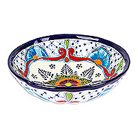 Ceramic salad bowl, 'Marvelous Flowers' - Mexican Talavera Style Ceramic Salad Bowl in Blue and Red