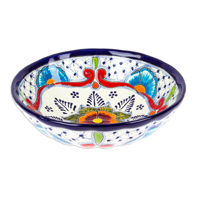 Ceramic salad bowl, 'Marvelous Flowers' - Mexican Talavera Style Ceramic Salad Bowl in Blue and Red