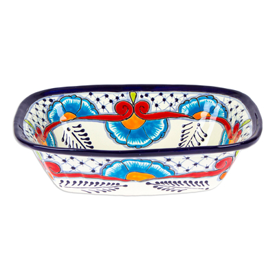 Tazón de cerámica para servir - Tazón de cerámica estilo talavera mexicana en azul y rojo