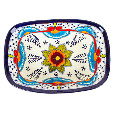 Tazón de cerámica para servir - Tazón de cerámica estilo talavera mexicana en azul y rojo