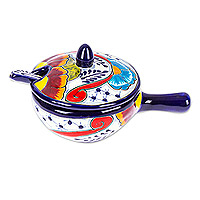 Ceramic salsa bowl, 'Marvelous Flowers' (3 pieces) - Talavera Style  Blue and Red Ceramic Salsa Bowl