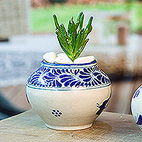 Ceramic flower pot, 'Talavera Doves' - Hand-Painted Talavera-Style Ceramic Planter with Dove Motif