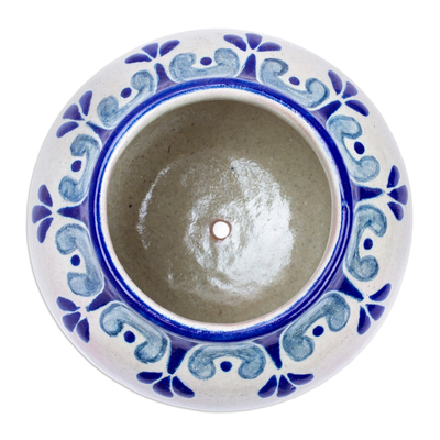 Blumentopf aus Keramik - Handbemalter Tauben-Übertopf aus Keramik im Talavera-Stil in Blau