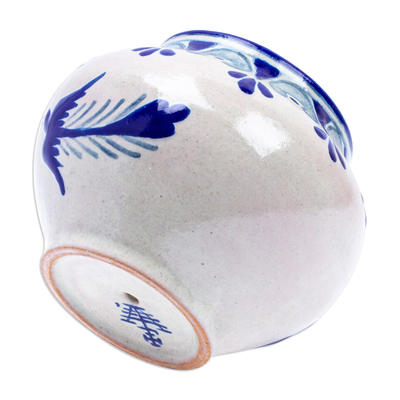 Ceramic flower pot, 'Puebla Doves' - Hand-Painted Talavera-Style Ceramic Dove Planter in Blue
