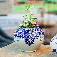 Ceramic flower pot, 'Talavera Bloom' - Leaf & Flower Hand-Painted Talavera-Style Ceramic Planter