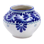 Ceramic flower pot, 'Talavera Bloom' - Leaf & Flower Hand-Painted Talavera-Style Ceramic Planter