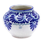 Ceramic flower pot, 'Talavera Bloom' - Leaf & Flower Hand-Painted Talavera-Style Ceramic Planter